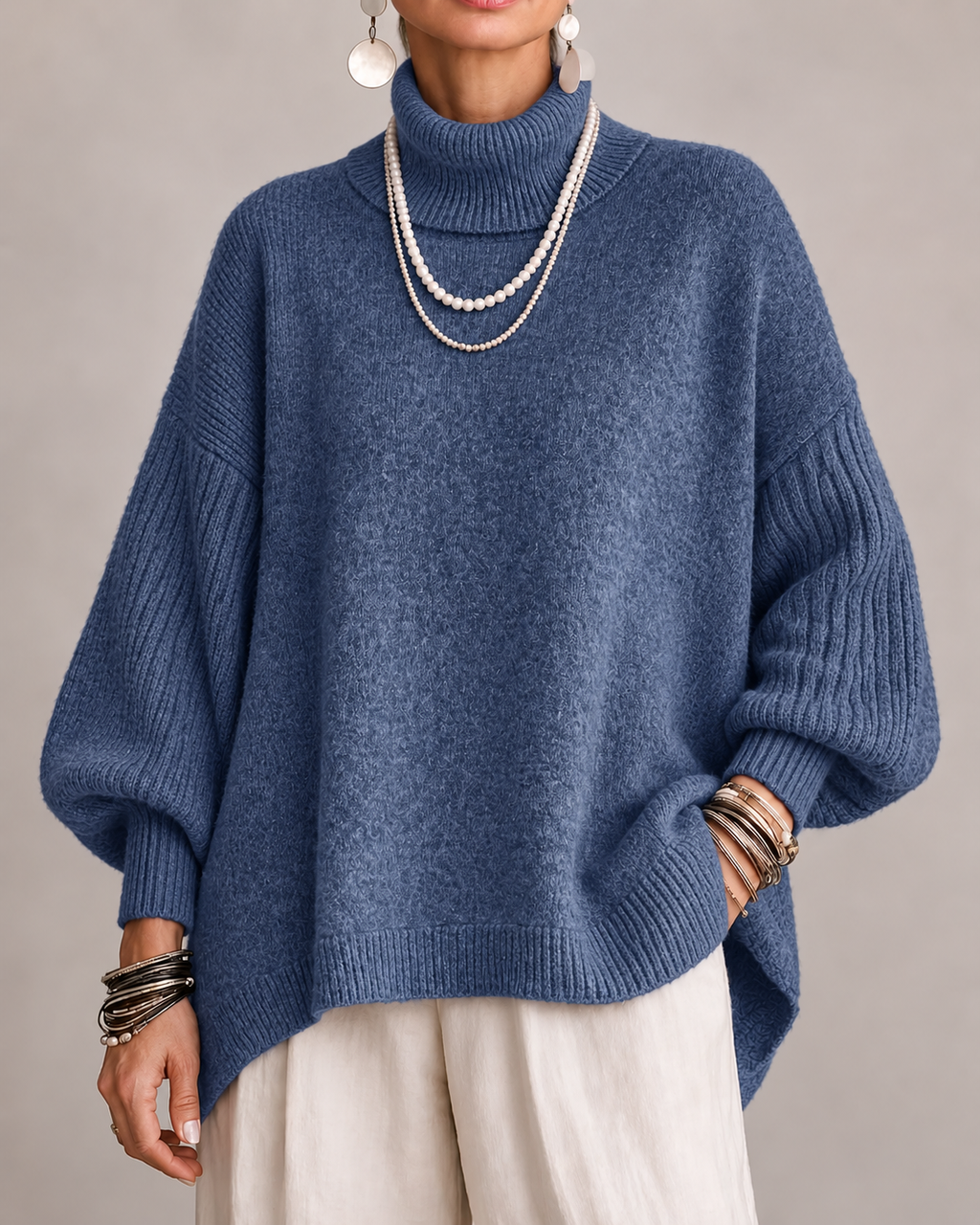 Women's Oversized Roll Neck Jumper with Batwing Sleeves and Ribbed Trims in Blue – Front View