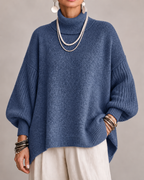 Women's Oversized Roll Neck Jumper with Batwing Sleeves and Ribbed Trims in Blue – Front View
