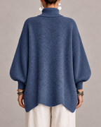 Women's Oversized Roll Neck Jumper with Batwing Sleeves and Ribbed Trims in Blue – Back View