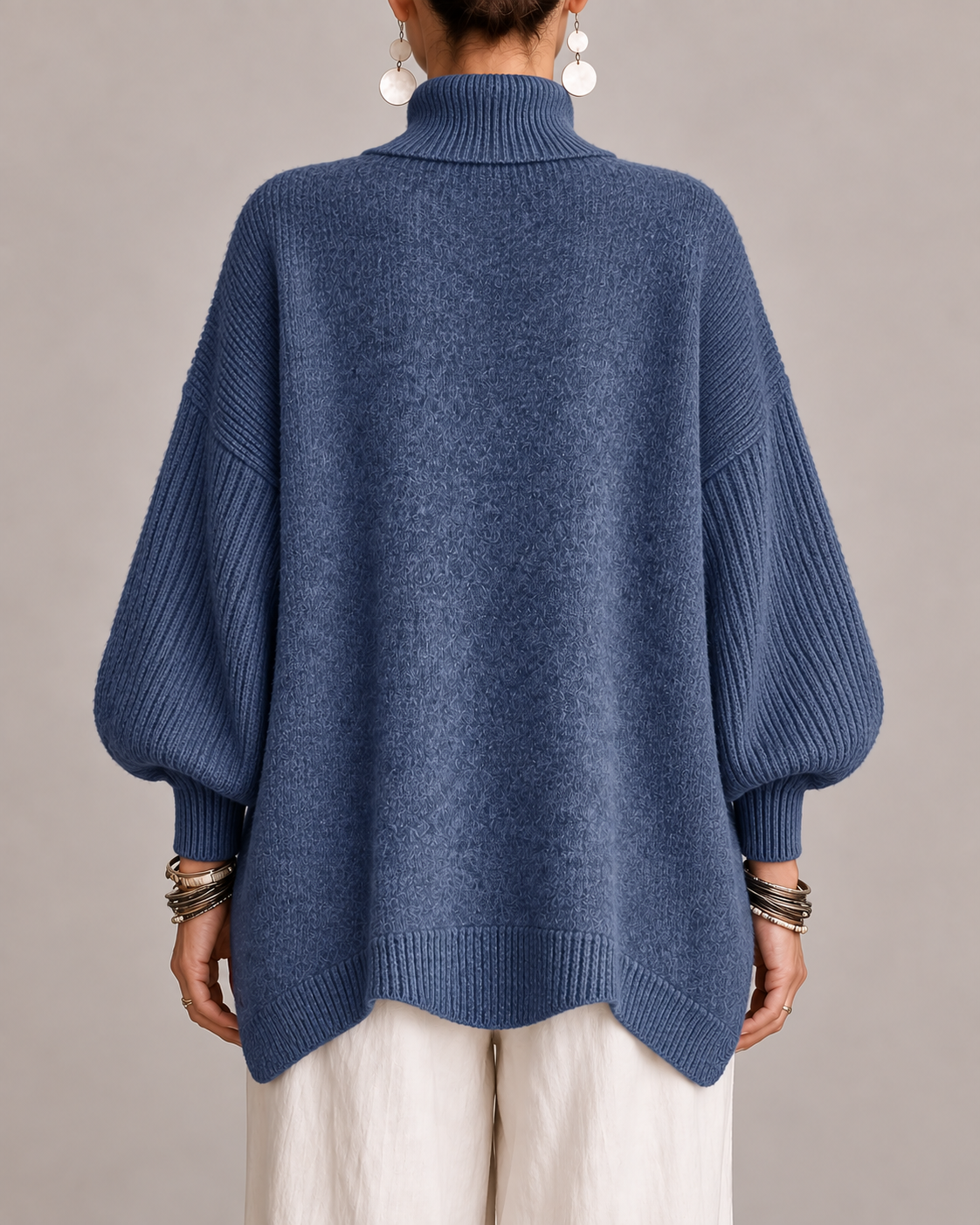 Women's Oversized Roll Neck Jumper with Batwing Sleeves and Ribbed Trims in Blue – Back View