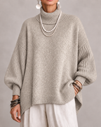 Women's Oversized Roll Neck Jumper with Batwing Sleeves and Ribbed Trims in Beige – Front View