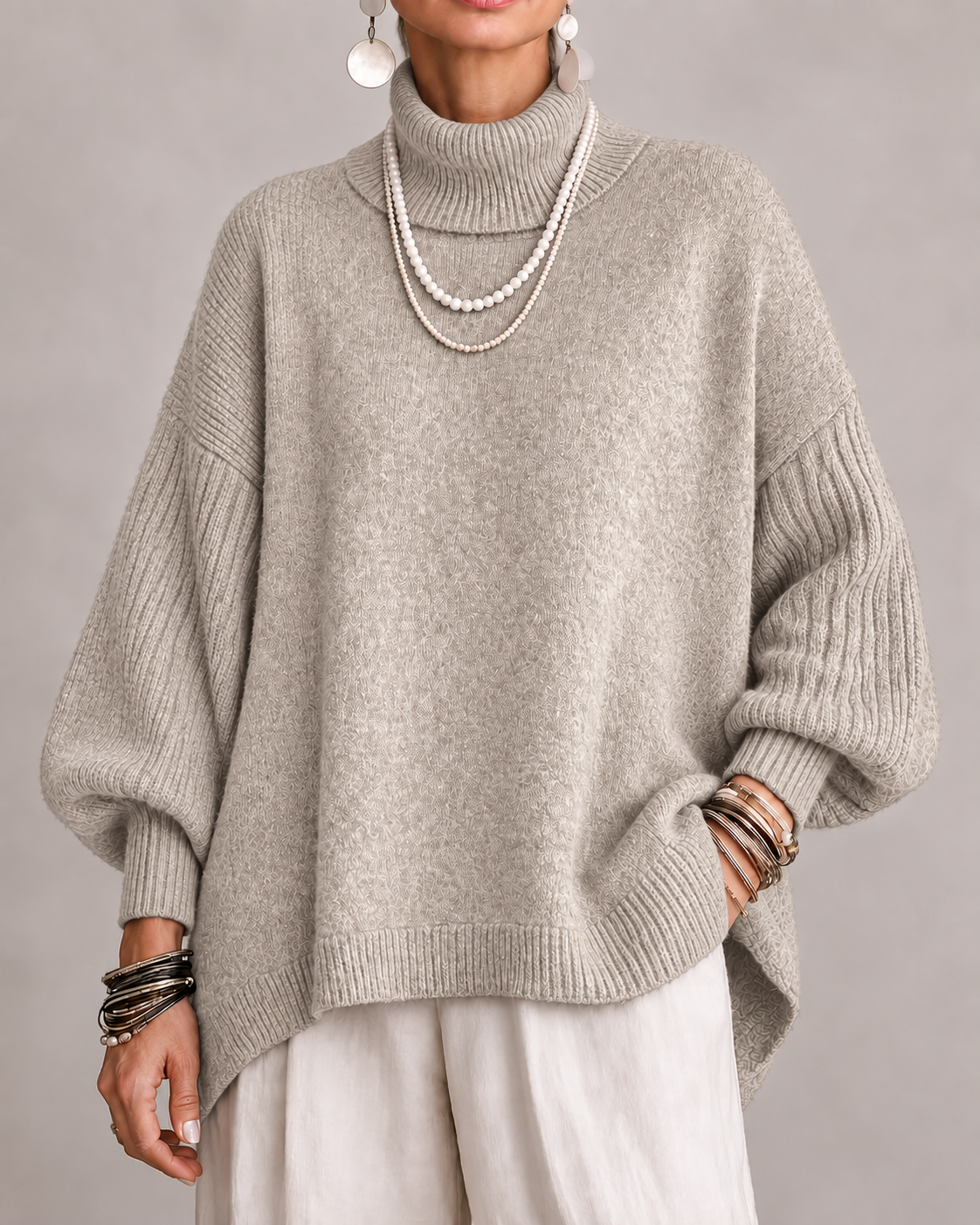 Women's Oversized Roll Neck Jumper with Batwing Sleeves and Ribbed Trims in Beige – Front View