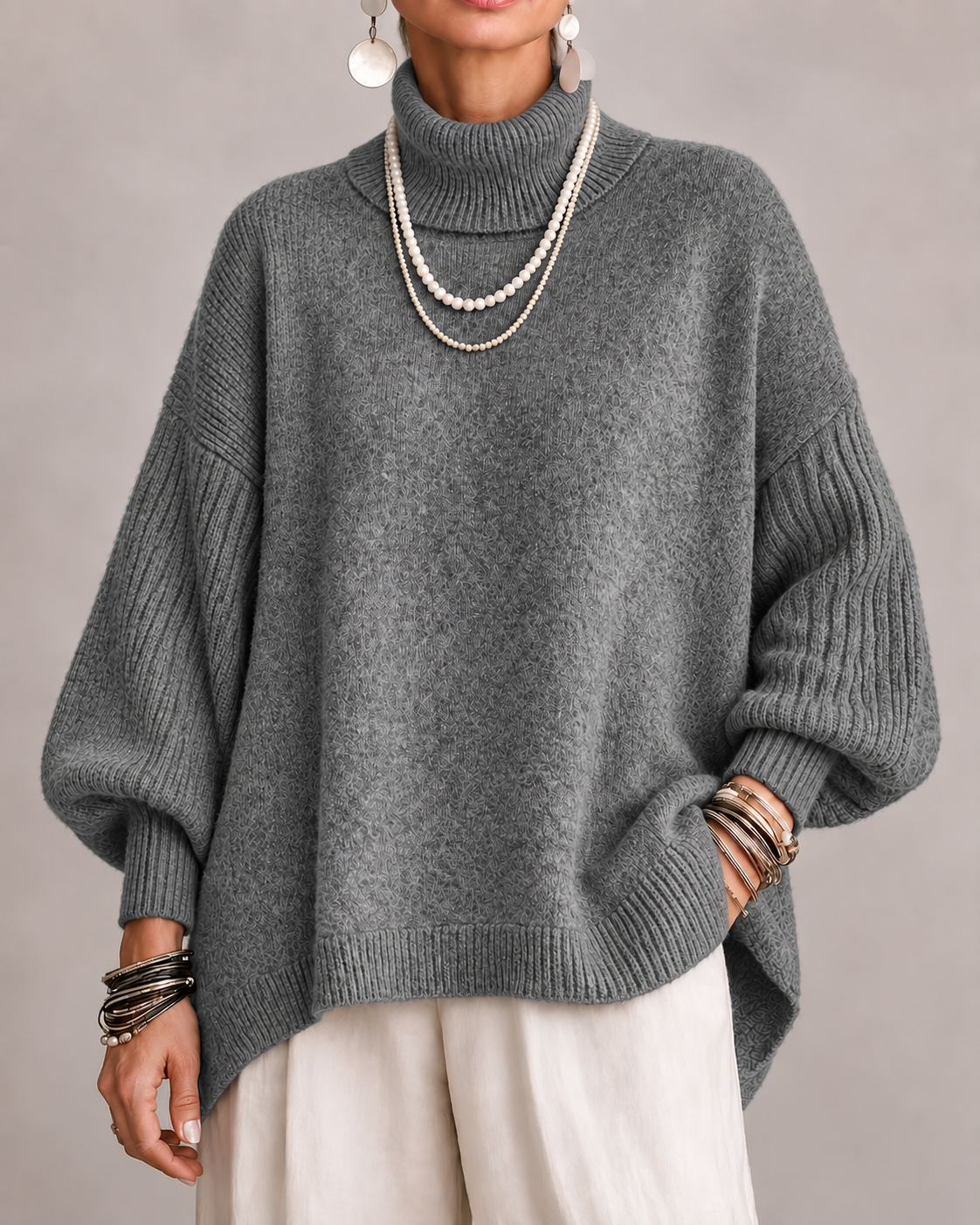 Women's Oversized Roll Neck Jumper with Batwing Sleeves and Ribbed Trims in Grey – Front View