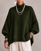 Women's Oversized Roll Neck Jumper with Batwing Sleeves and Ribbed Trims in Dark Green – Front View