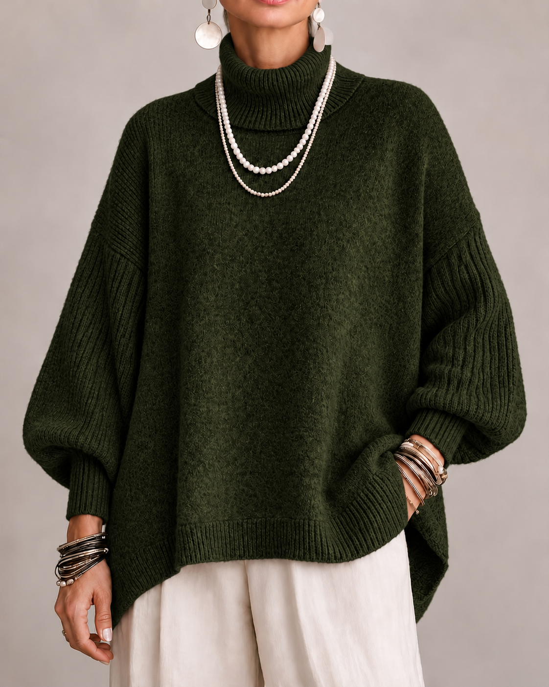 Women's Oversized Roll Neck Jumper with Batwing Sleeves and Ribbed Trims in Dark Green – Front View