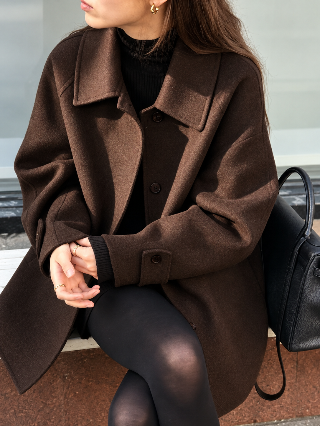 Women's Oversized Short Coat with Wide Collar and Button Front in Brown – Front View