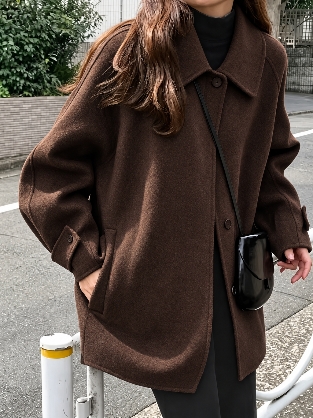 Women's Oversized Short Coat with Wide Collar and Button Front in Brown – Front View