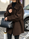 Women's Oversized Short Coat with Wide Collar and Button Front in Brown – Front View