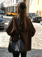 Women's Oversized Short Coat with Wide Collar and Button Front in Brown – Back View