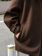 Women's Oversized Short Coat with Wide Collar and Button Front in Brown – Detail