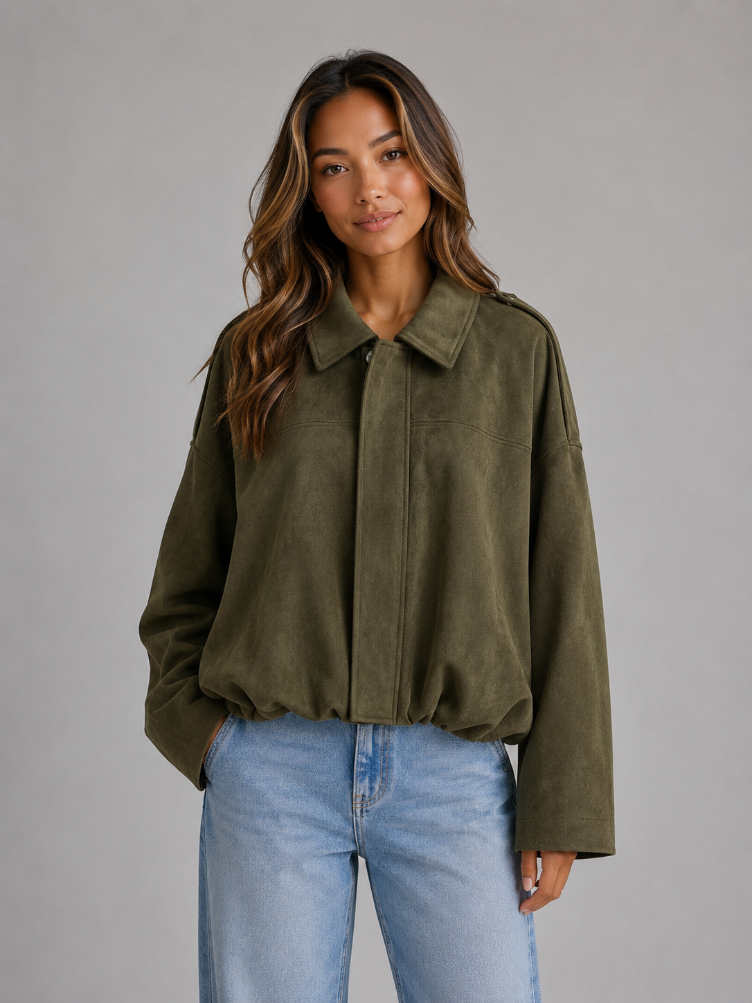 Women's Oversized Suede Look Bomber Jacket with Zip Front and Collar