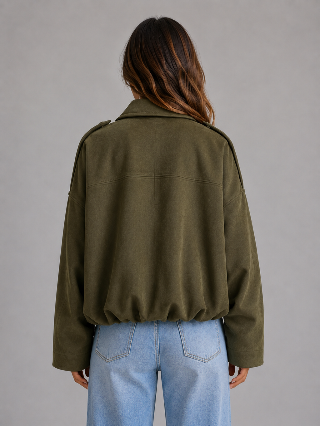 Women's Oversized Suede Look Bomber Jacket with Zip Front and Collar
