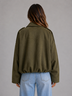 Women's Oversized Suede Look Bomber Jacket with Zip Front and Collar