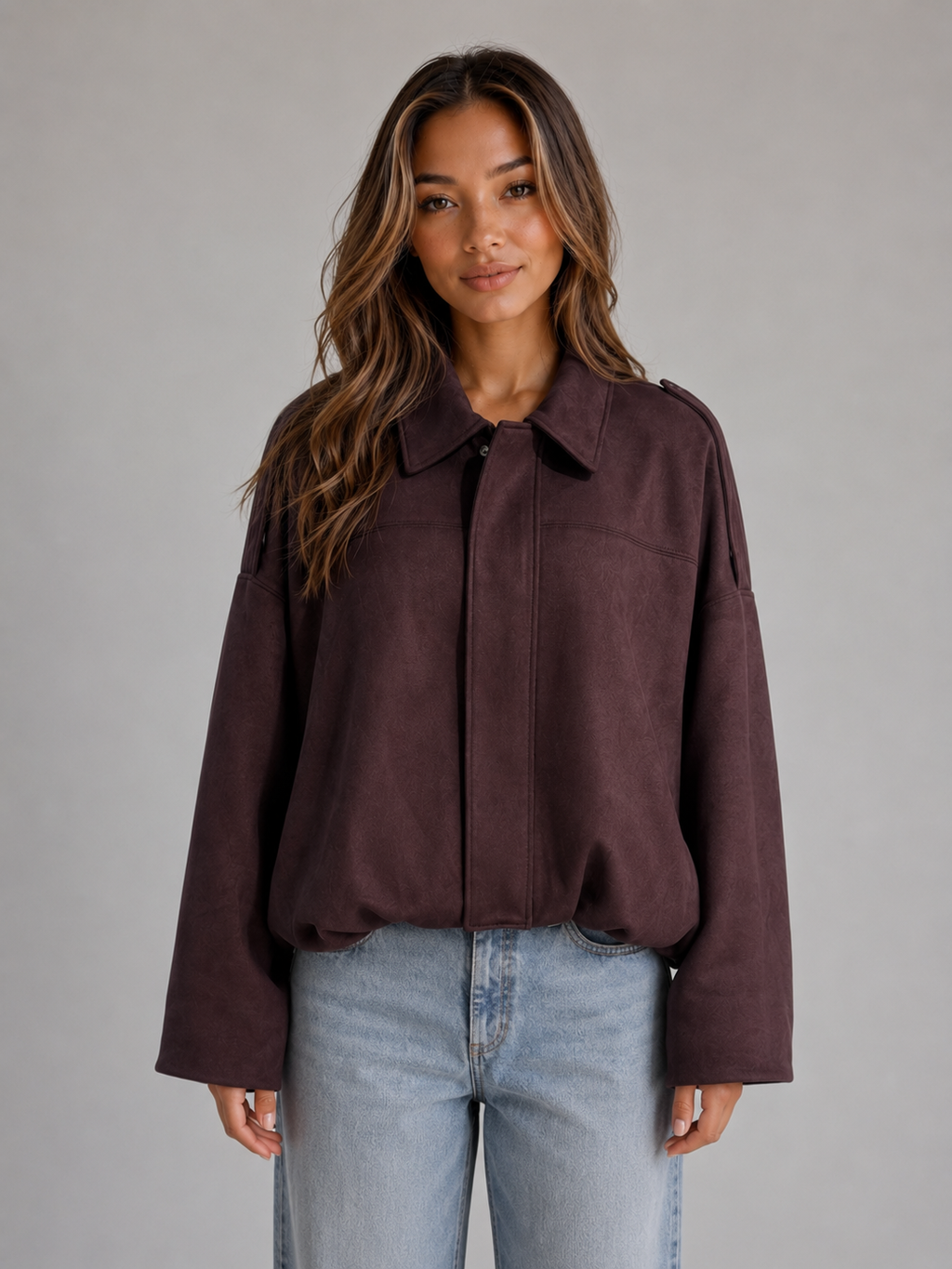 Women's Oversized Suede Look Bomber Jacket with Zip Front and Collar