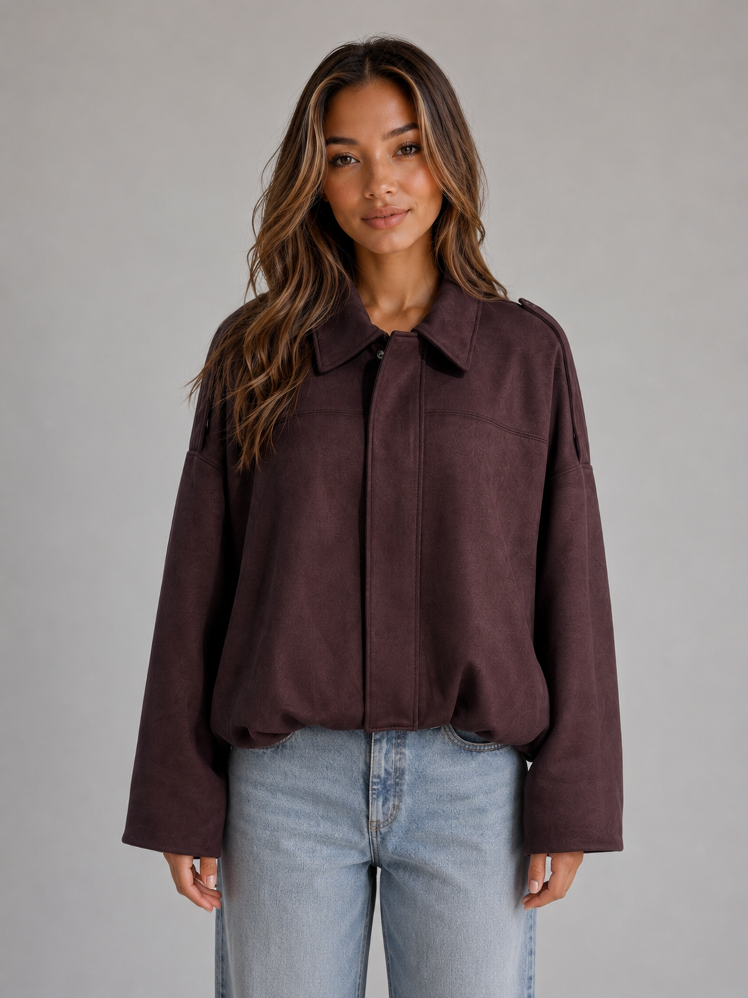 Women's Oversized Suede Look Bomber Jacket with Zip Front and Collar