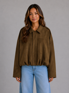 Women's Oversized Suede Look Bomber Jacket with Zip Front and Collar