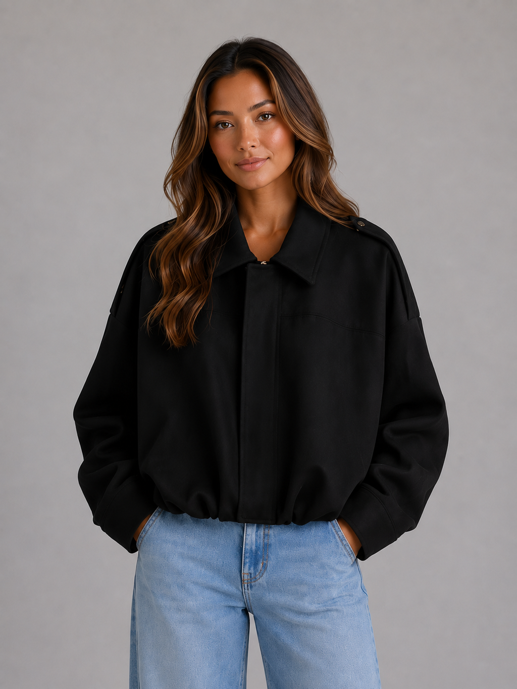 Women's Oversized Suede Look Bomber Jacket with Zip Front and Collar