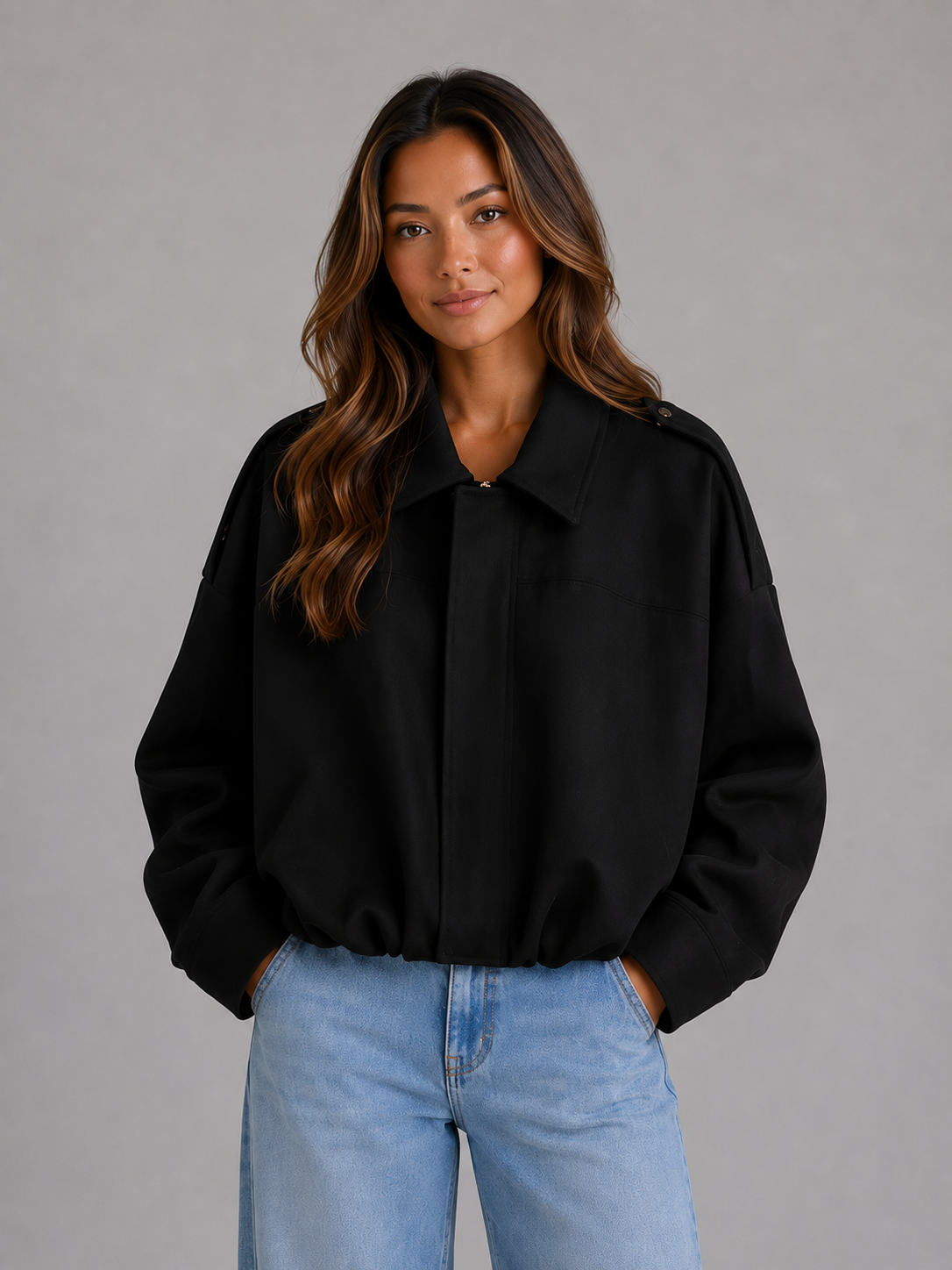 Women's Oversized Suede Look Bomber Jacket with Zip Front and Collar