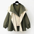 Women's Oversized Windbreaker Jacket with Contrast Collar and Zip Front