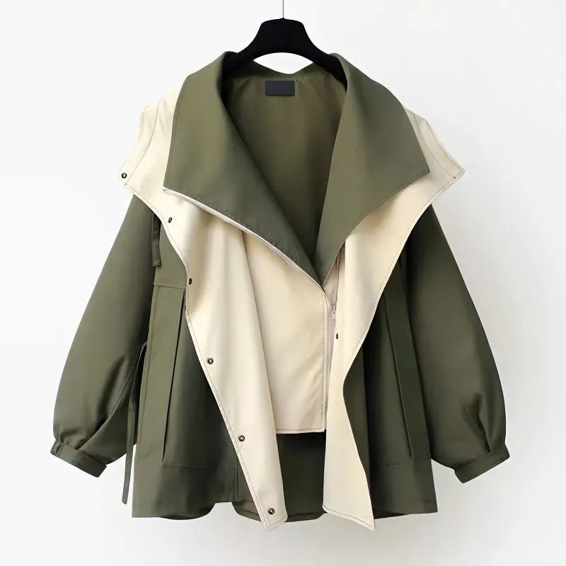 Women's Oversized Windbreaker Jacket with Contrast Collar and Zip Front