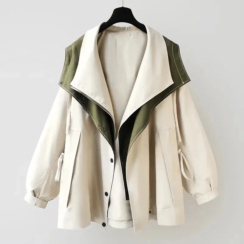 Women's Oversized Windbreaker Jacket with Contrast Collar and Zip Front