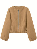 Women's Oversized Wool Blend Jacket with Pockets and Zip Front