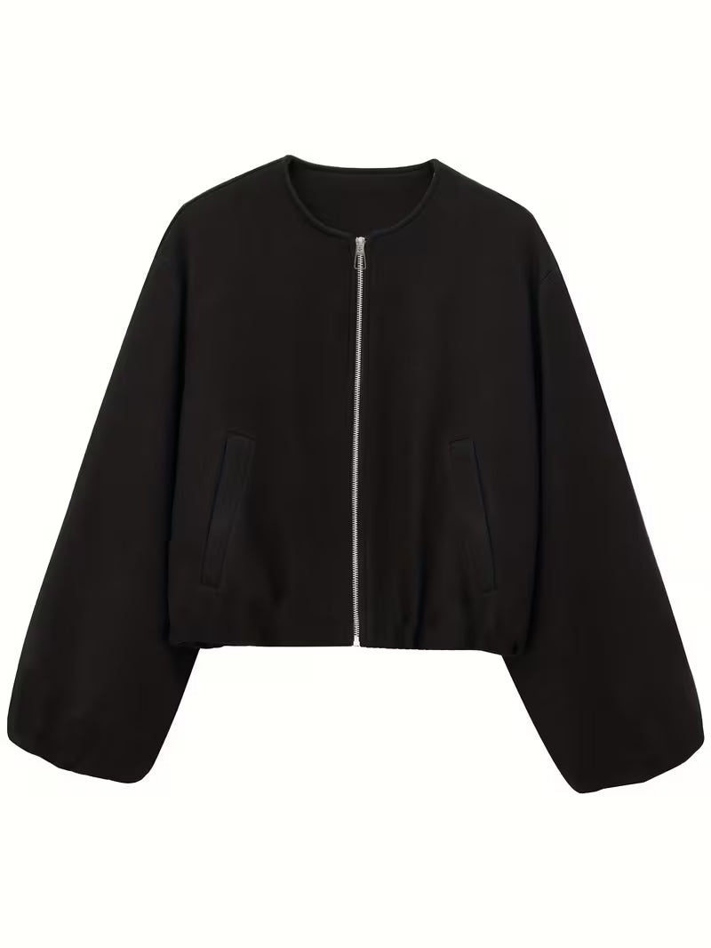 Women's Oversized Wool Blend Jacket with Pockets and Zip Front