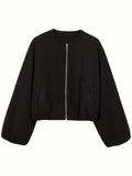 Women's Oversized Wool Blend Jacket with Pockets and Zip Front