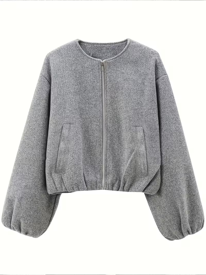 Women's Oversized Wool Blend Jacket with Pockets and Zip Front