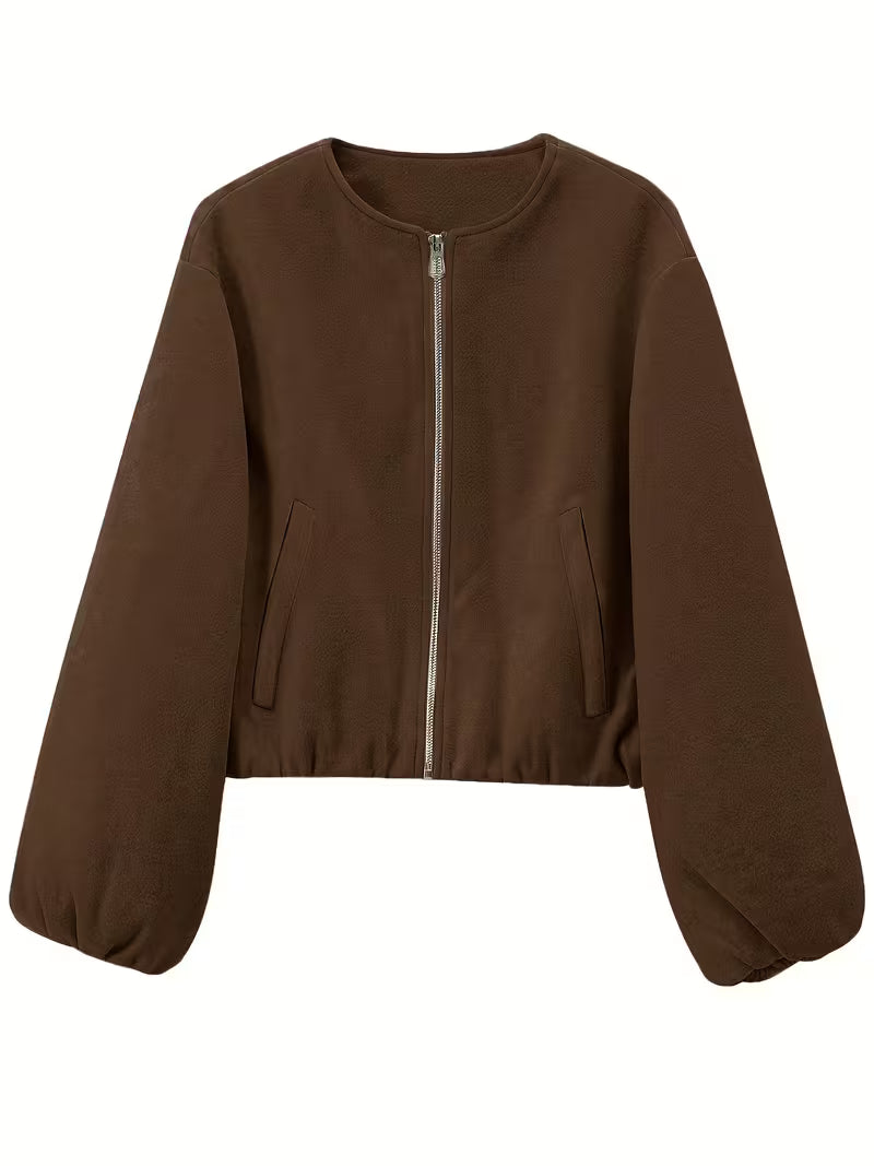 Women's Oversized Wool Blend Jacket with Pockets and Zip Front