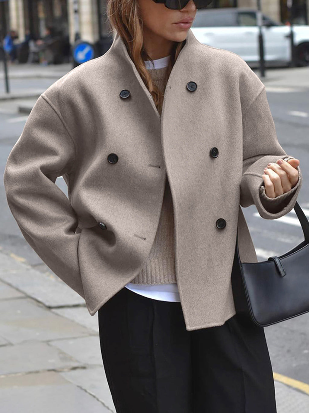Women's Oversized Jacket with Stand Collar and Double Breasted Front