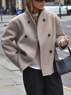 Women's Oversized Jacket with Stand Collar and Double Breasted Front