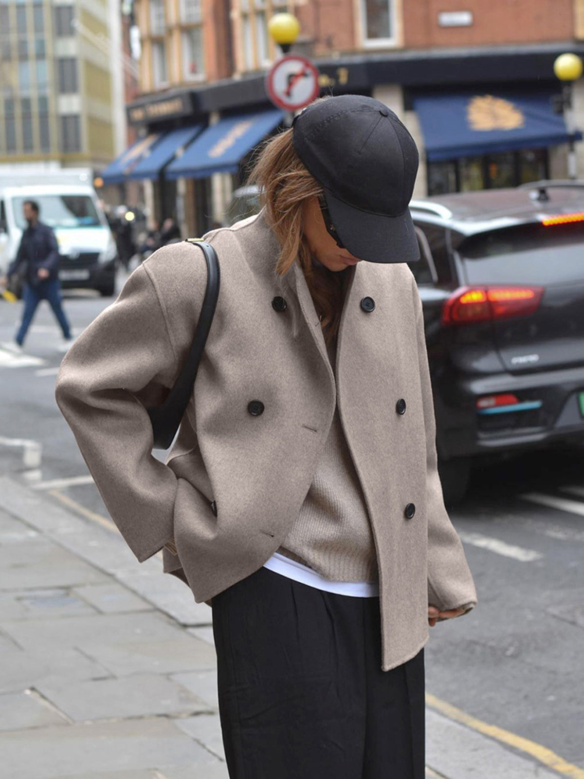 Women's Oversized Jacket with Stand Collar and Double Breasted Front
