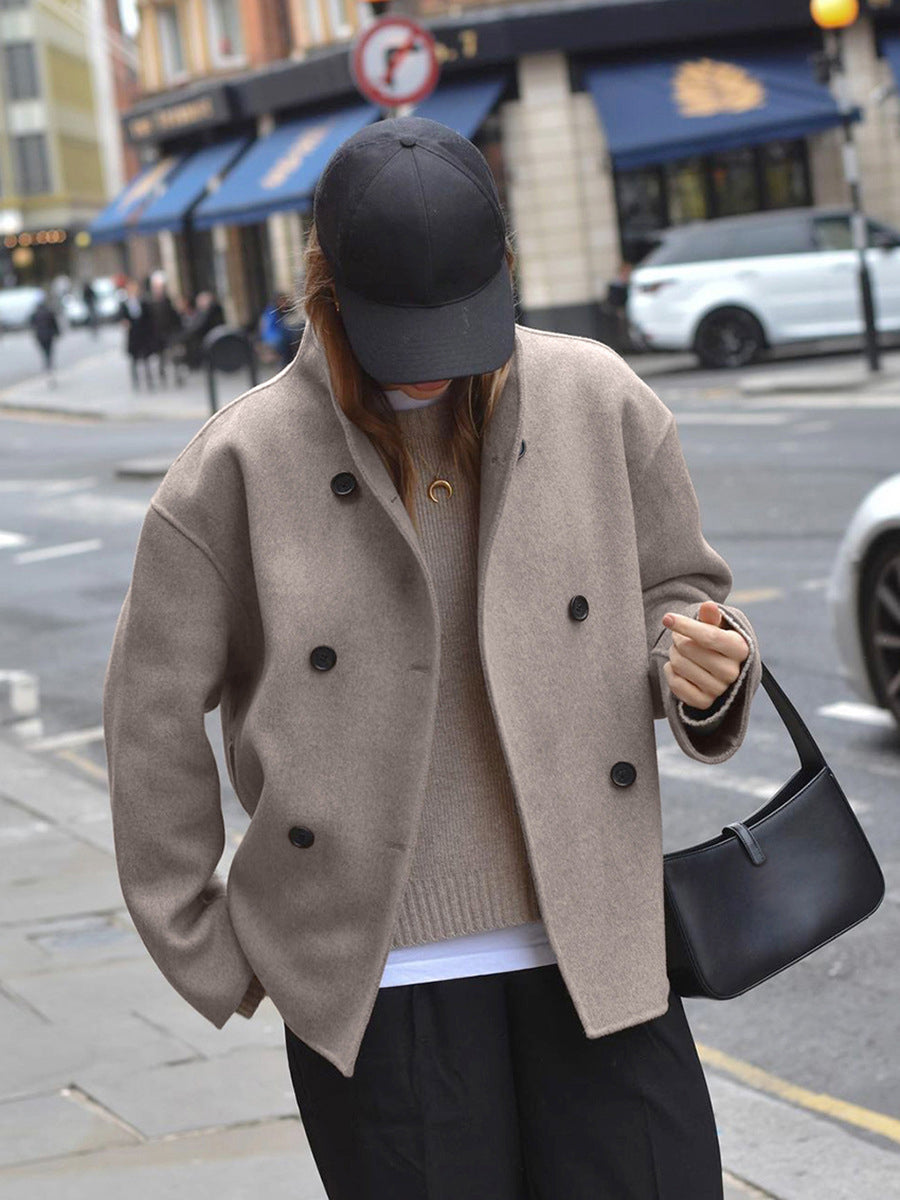 Women's Oversized Jacket with Stand Collar and Double Breasted Front