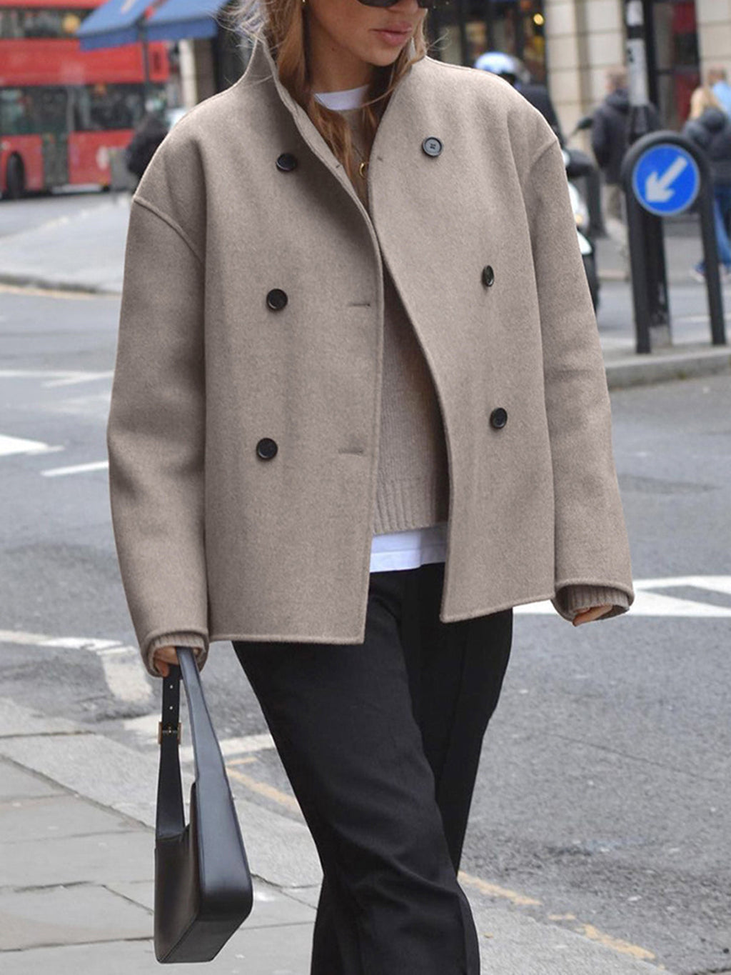 Women's Oversized Jacket with Stand Collar and Double Breasted Front
