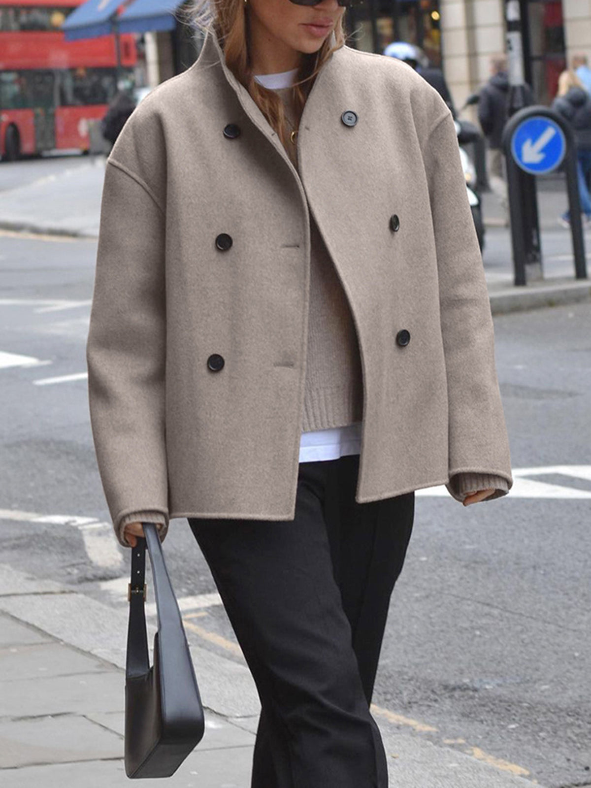 Women's Oversized Jacket with Stand Collar and Double Breasted Front
