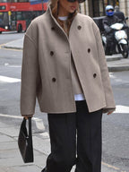 Women's Oversized Jacket with Stand Collar and Double Breasted Front