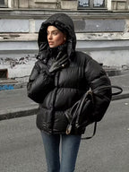 Women's Padded Oversized Puffer Jacket with Hood and Zip Front