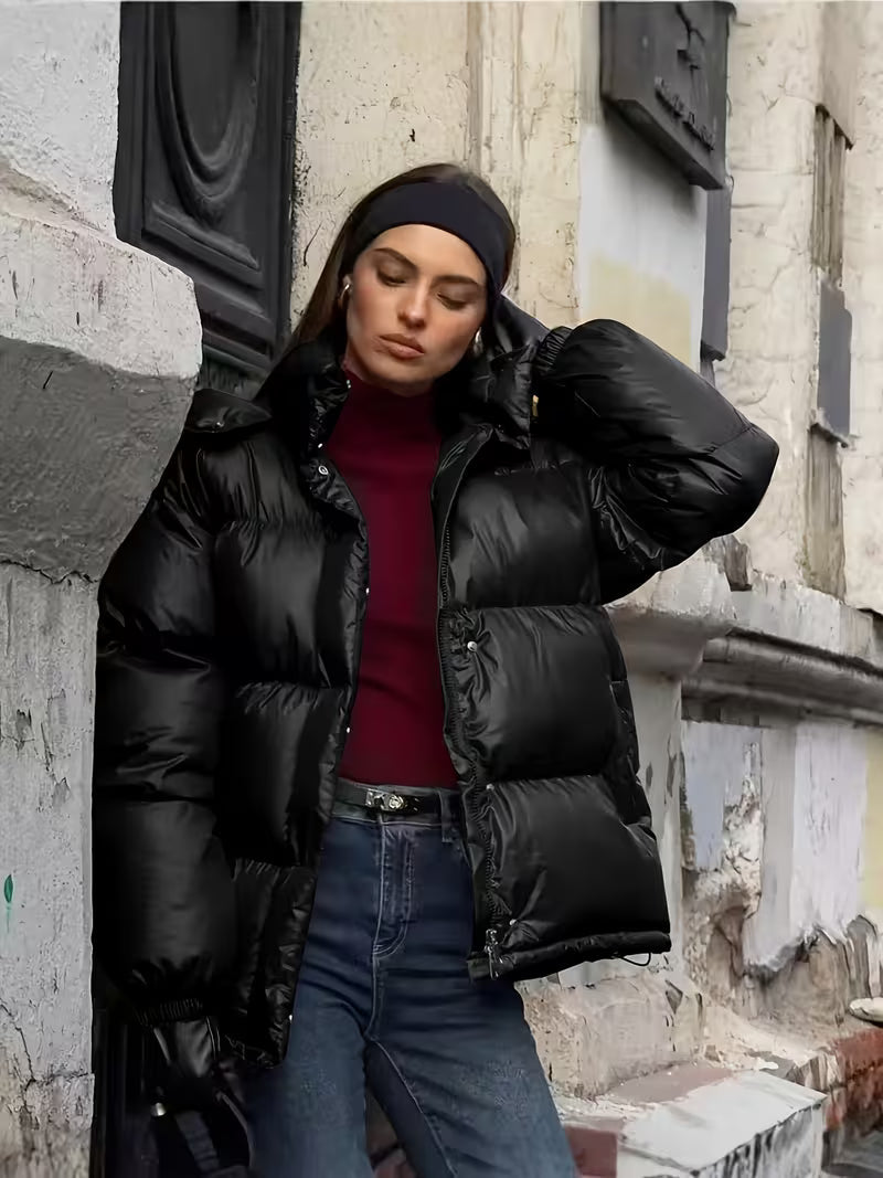 Women's Padded Oversized Puffer Jacket with Hood and Zip Front