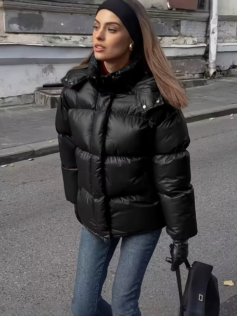 Women's Padded Oversized Puffer Jacket with Hood and Zip Front