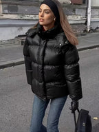 Women's Padded Oversized Puffer Jacket with Hood and Zip Front