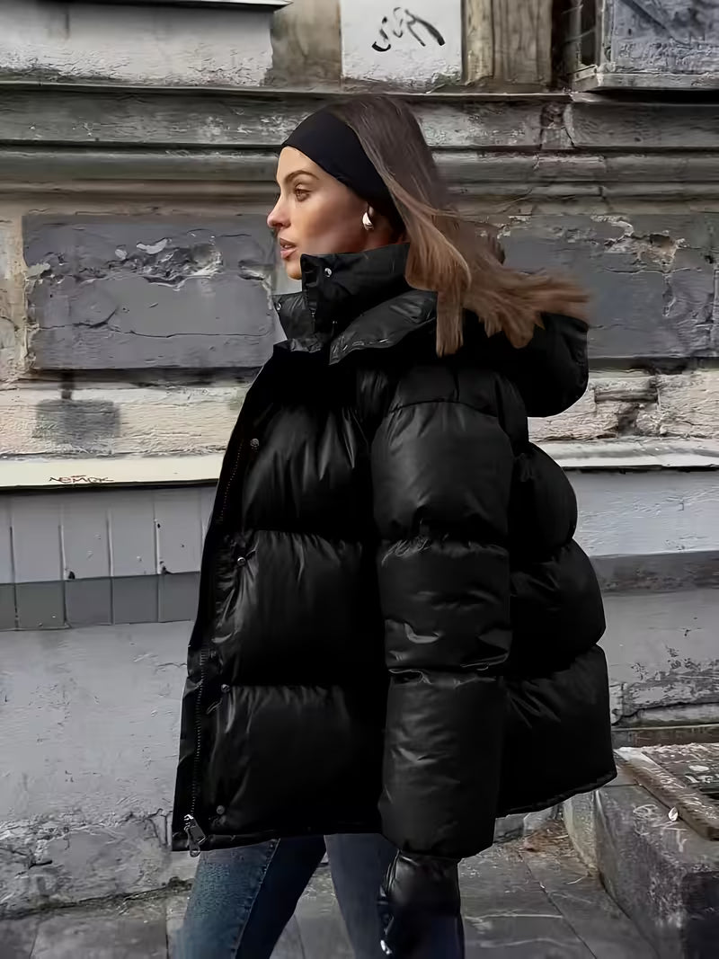 Women's Padded Oversized Puffer Jacket with Hood and Zip Front