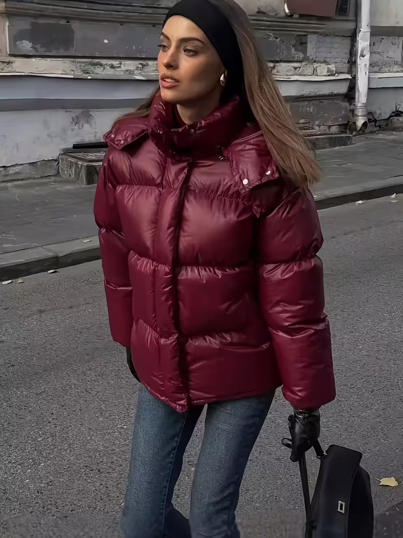 Women's Padded Oversized Puffer Jacket with Hood and Zip Front