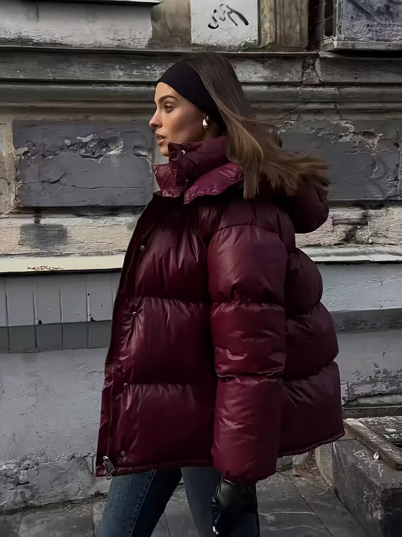 Women's Padded Oversized Puffer Jacket with Hood and Zip Front