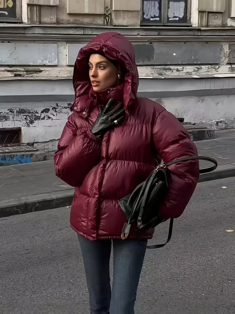 Women's Padded Oversized Puffer Jacket with Hood and Zip Front
