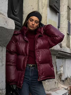 Women's Padded Oversized Puffer Jacket with Hood and Zip Front