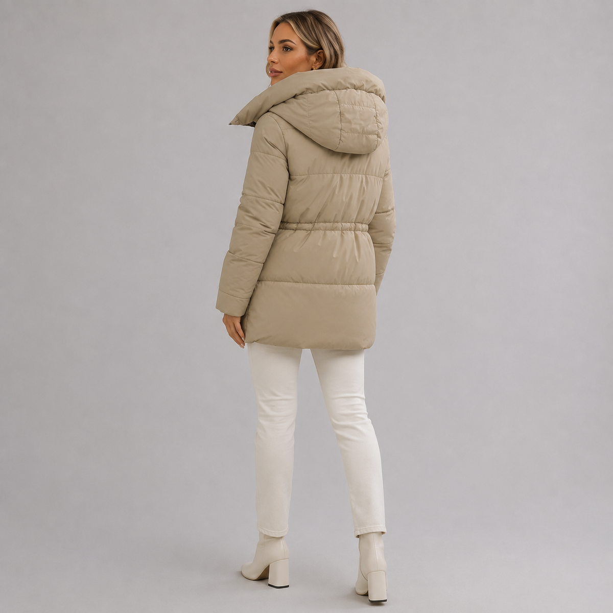 Women's Padded Puffer Coat with Hood and Drawstring Waist