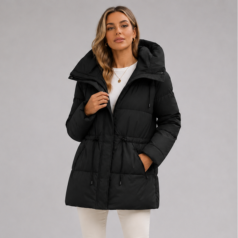 Women's Padded Puffer Coat with Hood and Drawstring Waist