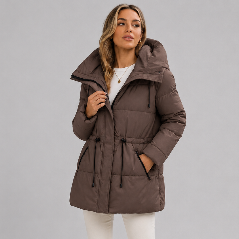 Women's Padded Puffer Coat with Hood and Drawstring Waist