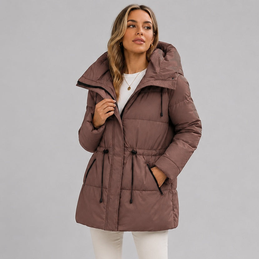 Women's padded puffer coat with hood and drawstring waist in Brown